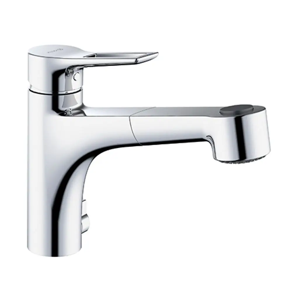 Kludi Küchenarmatur mit herausziehbarem Brauseauslauf und Bügelhebel, in glänzendem Chrom-Finish. Design für die Montage an Spültischen geeignet.